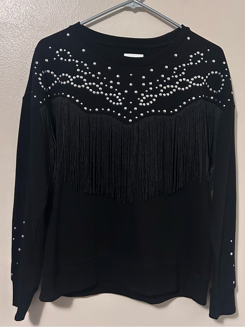 DKNY Embellished Rhinestone and Stud Fringe Sweatshirt